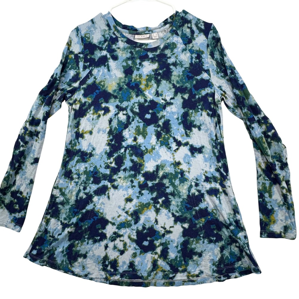 LOGO Lori Goldstein Jamie Top Womens Small Blue Tie Dye Long Sleeve Pockets Boho